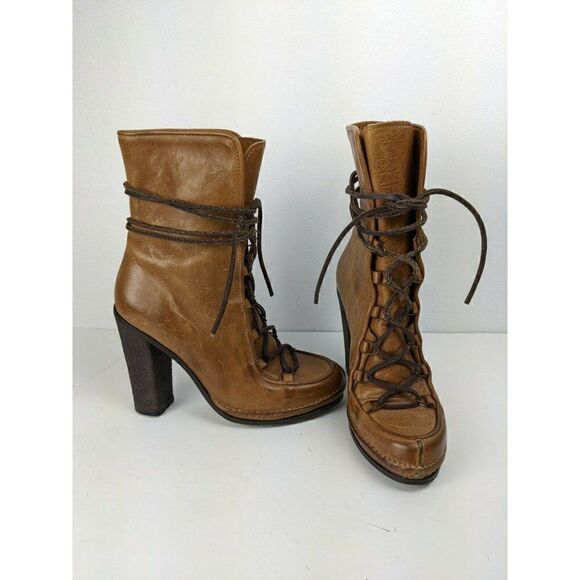 Buttero Tan Leather Lace Up Heeled Boots Size 36 - Picture 8 of 10